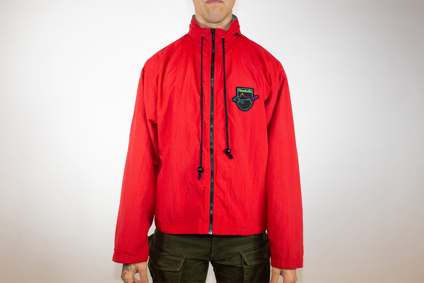 VINTAGE REEBOK 'THE SHARK' GREG NORMAN RED SPRAY GOLF JACKET (TAG MISSING M-L)