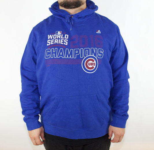 VINTAGE BLUE MAJESTIC 2016 WORLD SERIES MLB CHAMPION HOODIE (2XL)