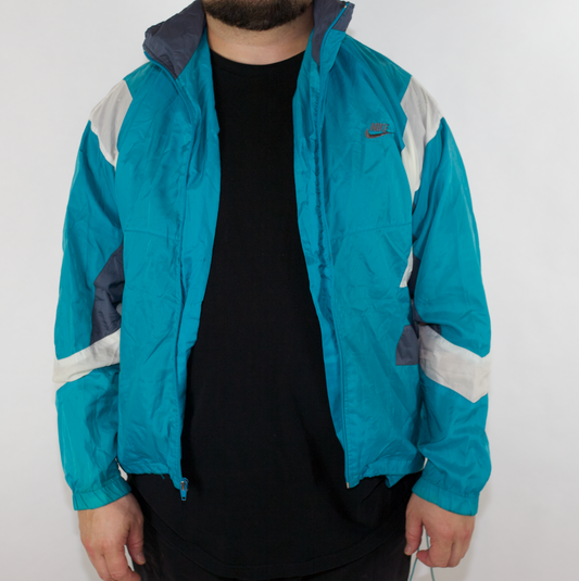 VINTAGE NIKE TEAL WHITE GREY SPRAY JACKET (TAGGED FADED FITS M-L)